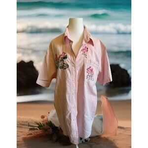VTG Flamingos Women’s Coverup Button Down Long Shirt Embroidered Pink Striped